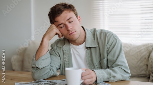 Tired man sleeping at home with coffee and newspaper on the table