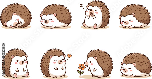 Cute hedgehog cartoon character set sleeping yawning smiling and playing kawaii animal illustration isolated white background