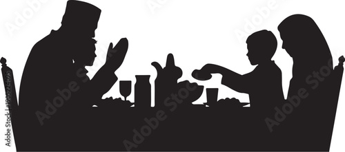 Black silhouette family eating dinner at table with food and drinks