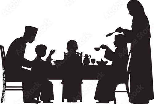 Black silhouette family eating dinner at table