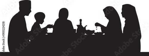 Black silhouette family eating dinner together at table