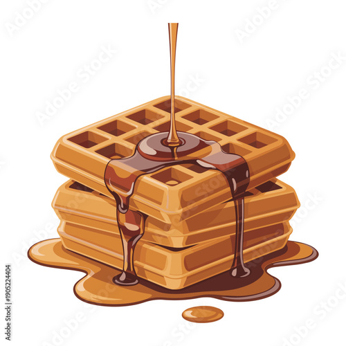 Stack of Delicious Belgian Waffles with Pouring Chocolate Syrup Vector Illustration Isolated on White Background