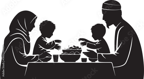Black silhouette family eating together at a table