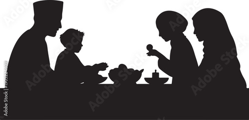 Black silhouette family eating together at a table
