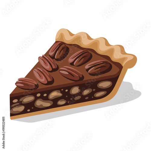 Delicious Slice Of Traditional Pecan Pie With Flaky Golden Crust And Whole Nutty Toppings Vector