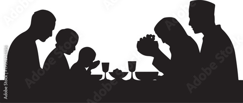 Black silhouette family praying at dinner table with wine glasses and bowl