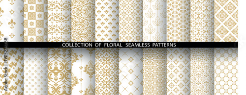 Geometric floral set of seamless patterns. White and golden vector backgrounds. Damask graphic ornaments