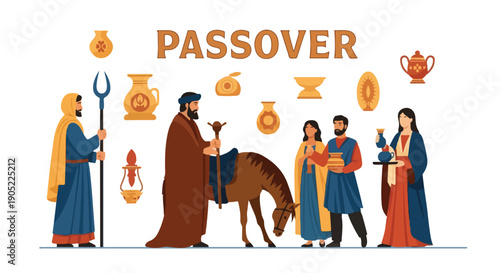 Illustration with religious figures, ancient vessels, and the word "Passover