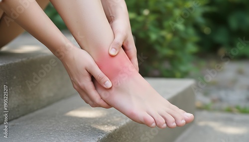 Close-up of woman hand holding painful injured ankle with red inflamed spot bruising. Medical concept of joint pain, sprain, ligament injury, bone ache, or arthritis in outdoor. Human Injury, Pain