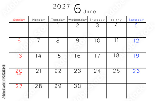 2027年シンプルカレンダー 6月　曜日英語