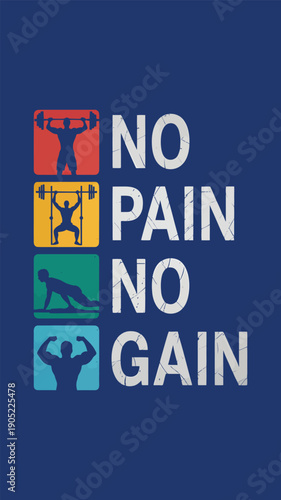 Gym motivation poster featuring weightlifting silhouettes and no pain no gain text for fitness lovers workout enthusiasts designs