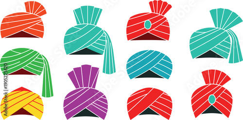 Colorful Traditional Turban Collection Ethnic Headwear Flat Vector Illustration Set