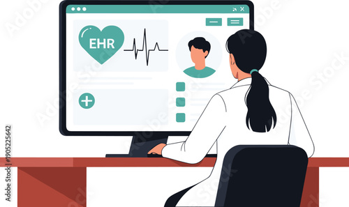 Doctor using electronic health records system vector illustration, digital medical dashboard and patient data management concept