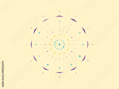 Geometric floral pattern with purple and turquoise accents on pale yellow background