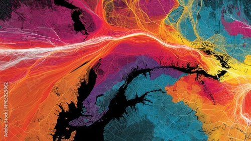Vibrant Abstract Map Visualization of City Network and Flow Patterns