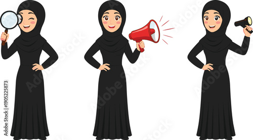 Muslim woman character vector set with hijab using megaphone and magnifying glass, communication and marketing concepts