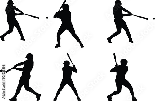 Baseball player silhouettes in action, hitting and running.