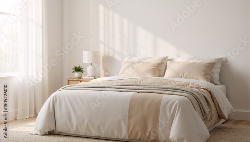 Wallpaper Mural A comfortable bedroom interior with a well-made bed and natural light shining through the window. The room exudes calmness and serenity.  Torontodigital.ca