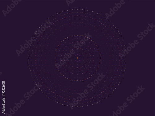 Minimalist concentric circles with glowing dots on dark purple background