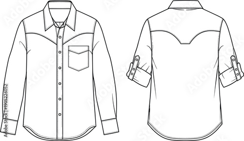 Western style button shirt technical CAD drawing, front and back view, chest pocket, yoke detail, flat vector template