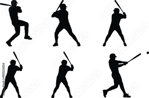 Baseball player silhouettes in action, hitting and running.