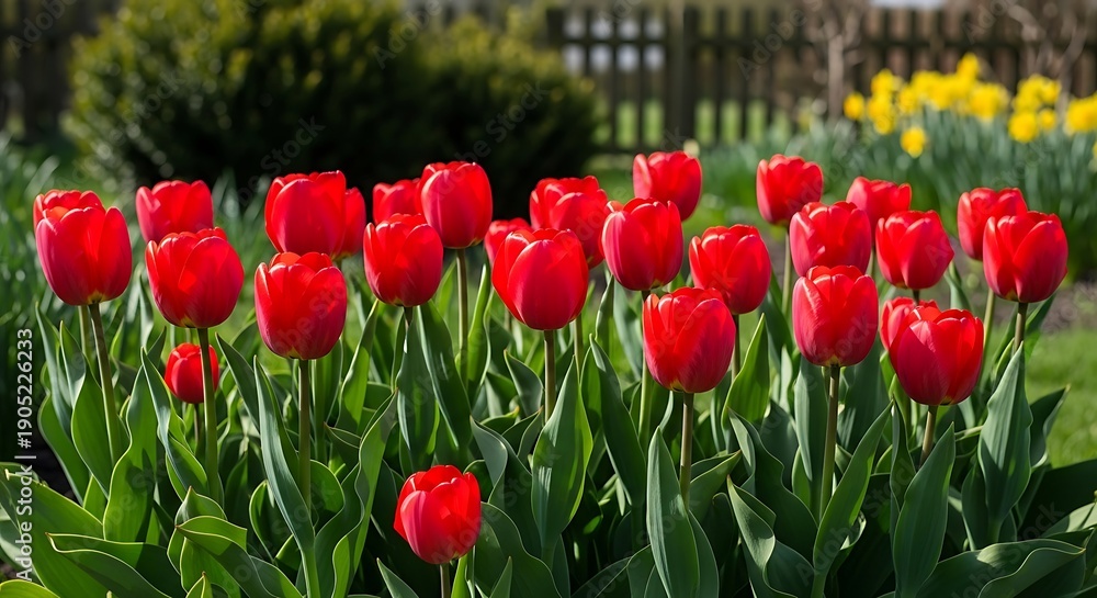 Fototapeta premium Vibrant red tulips display their blossoms surrounded by lush green foliage in a sunny garden setting.
