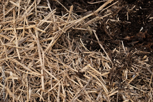 Close-up texture of dry straw and dark soil, natural organic background for gardening and agriculture