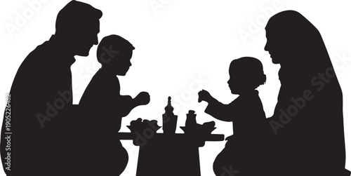 Family silhouette dining together at a table with food and drinks
