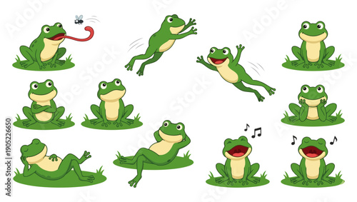 Cartoon Frogs Vector Set – Cute Green Frogs in Funny Poses on png Background, cartoon frog, frog vector, cute frog, green frog, funny frog, frog character, animal cartoon, amphibian, wildlife png, 