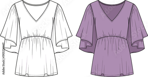 Women v neck flutter sleeve blouse technical fashion flat sketch, front view, loose fit apparel design template outline vector