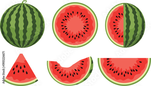 Fresh Watermelon Fruit Set Whole Half Slice and Pieces Isolated on White Background Flat Vector Illustration