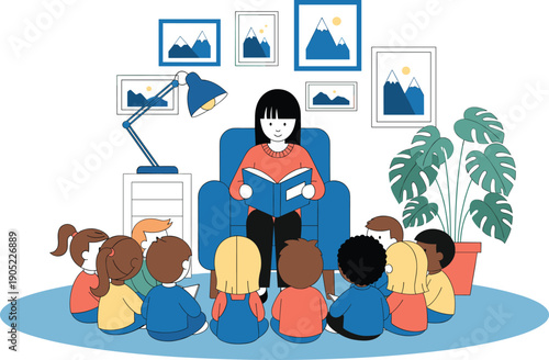 Classroom Story Time Scene with Teacher Reading to Kids Sitting on Floor in Educational Vector Style
