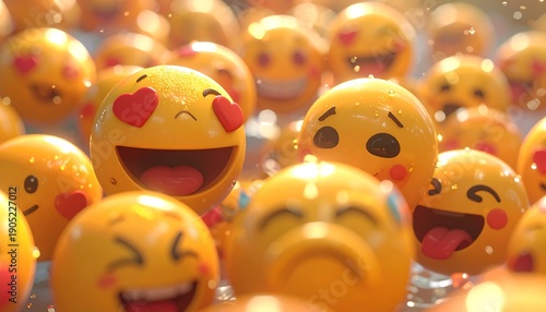 A close-up view presents a vibrant array of smiling, yellow faces with different expressions in a shallow depth of field