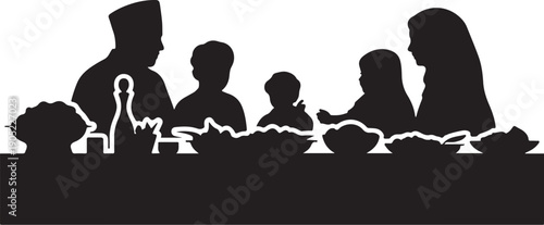 Family silhouette eating dinner together at table with food