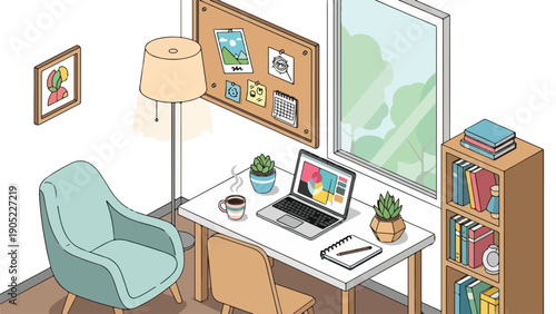 Isometric illustration of a cozy home office setup with various elements