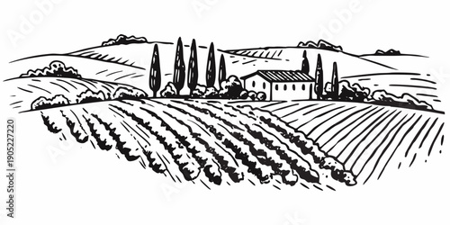 A serene tuscan landscape with rolling hills vineyards and a quaint farmhouse