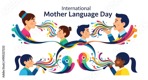 Illustration of diverse kids and adults celebrating International Mother Language Day with colorful speech bubbles, conveying Linguistic Diversity and Cultural Heritage in a vibrant, flat