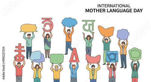 Diverse group of people holding colorful letters and symbols celebrating International Mother Language Day with a vibrant and multilingual atmosphere.