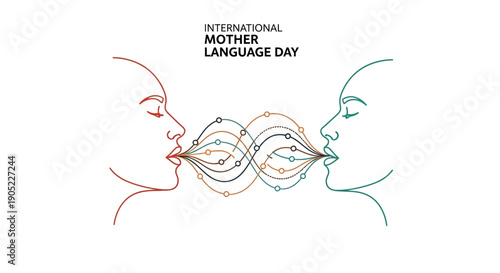 Vector illustration of two faces with interconnected lines on International Mother Language Day, symbolizing Linguistic Diversity and Cultural Heritage.