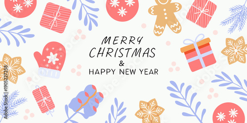 Festive christmas and happy new year illustration with gifts and decorations
