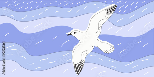 A white seagull soars through a stylized blue wave patterned sky