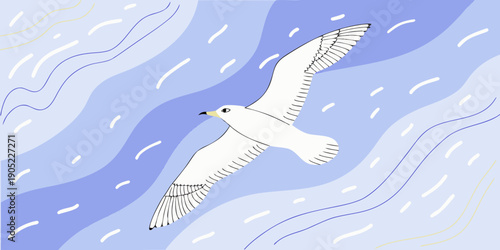 A white seagull soars gracefully through a blue and wavy sky