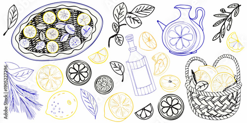 A delightful sketch of lemon pie citrus fruits and accompanying beverage items