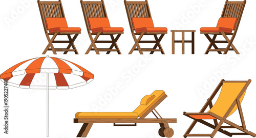 Outdoor Patio Furniture Set with Wooden Chairs Table Sun Umbrella and Lounge Bed Summer Garden Vector Illustration