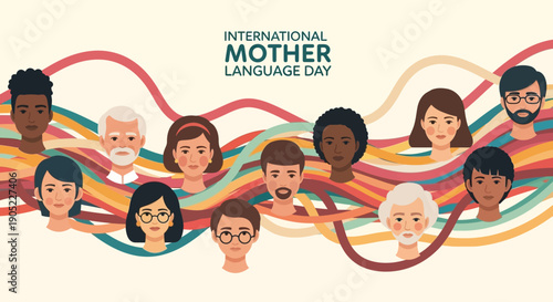 Illustration of diverse people celebrating International Mother Language Day with colorful lines, promoting Linguistic Diversity and Cultural Heritage.