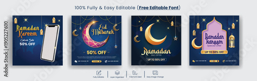Ramadan Kareem Sale Promotion Social Media Posts Templates Bundle with Islamic Ornament Decoration Background for Marketing Ads, Web Banners, Flyers, Posters, Greeting Cards Designs