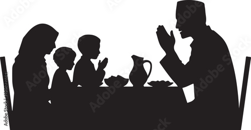 Family silhouette praying at a table with food and pitcher