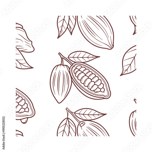 Seamless cocoa cacao pod line art pattern background with leaves, isolated brown outline