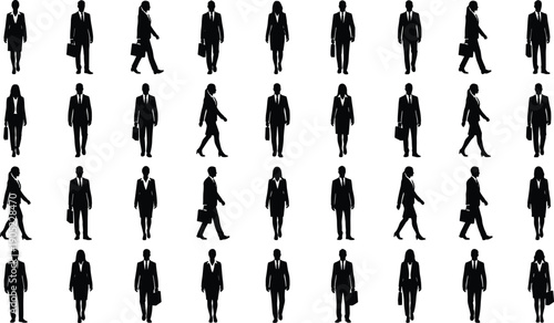 Business people silhouette collection walking men and women in formal suits carrying briefcases professional office workforce set