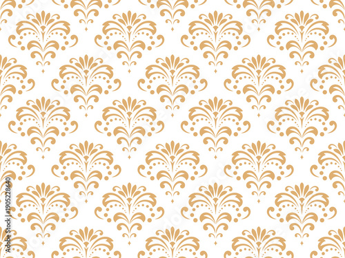 Floral pattern. Seamless vector background. Vintage wallpaper in the Baroque style. White and golden ornament for fabric, wallpaper, packaging. Ornate Damask flower illustration